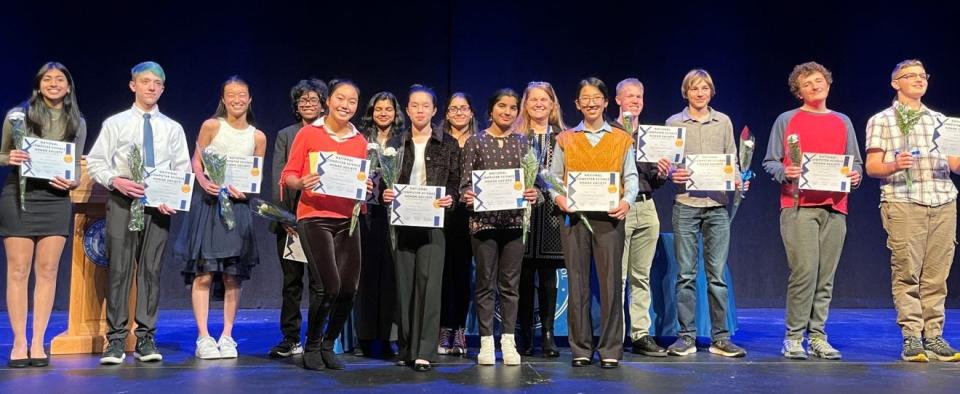 Oyster River High School students were inducted into the National Computer Science Honor Society on Dec. 15. From left to right are, Mihira Govindarajula, Dominic Couture, Cindy Han, Raghavan Rajkumar, Kelly Zhang, Maya Ajit, Courtney Giroux, Deepthi Onkaram, Annika Pant, Computer Science Teacher Cathi Stetson, Maggie Zhang, Marcus Anderson, Kai Sowers, John Caparso, and Liam Meredith. Not pictured: Zane Vaughn, Michael Mo.