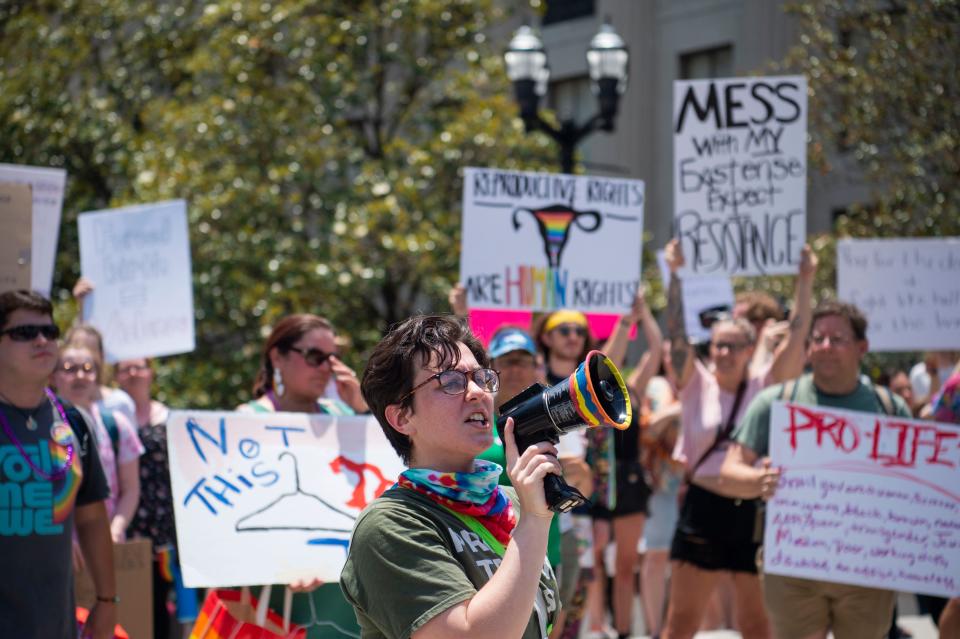 Jace Wilder, 21, leads a protest following the 2022 Pride parade in Nashville , Tenn., Saturday, June 25, 2022.