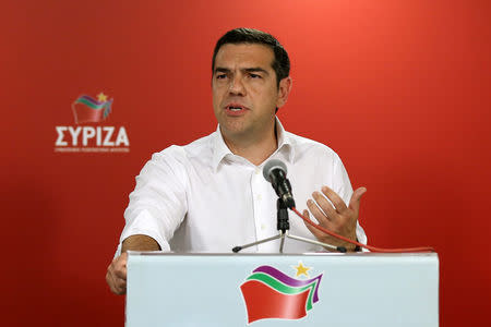 Greek Prime Minister Alexis Tsipras makes a statement to the media following the results of European and local elections in Athens, Greece, May 26, 2019. REUTERS/Costas Baltas