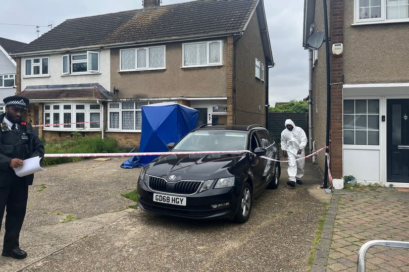 A police cordon in Cornwall Close, Hornchurch, east London, where a dog owner has been mauled to death by her two registered XL Bullies