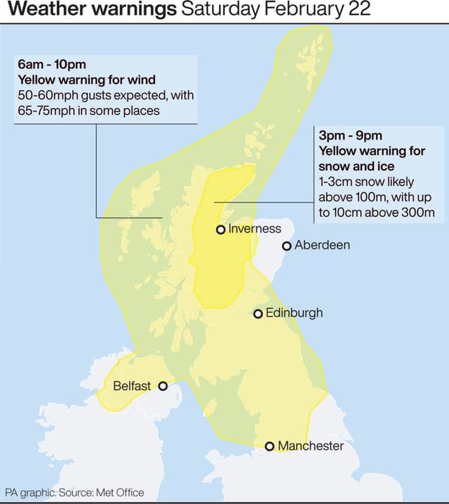 Weather warnings Saturday February 22