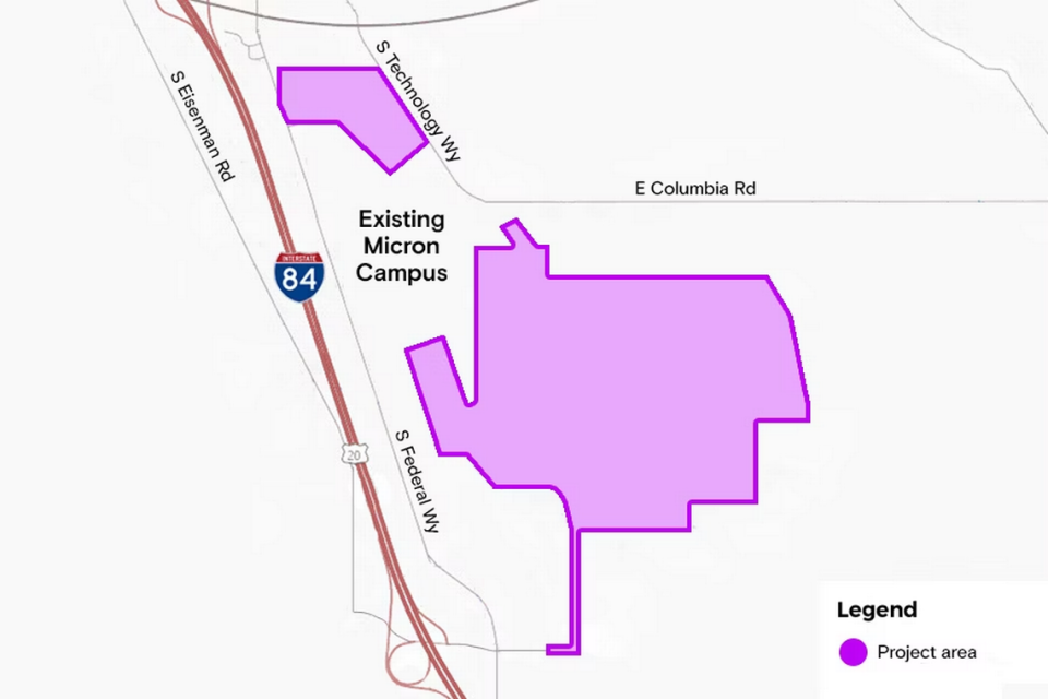 A map of the area where Micron is building its new memory manufacturing plant, or factory, on its Southeast Boise campus.