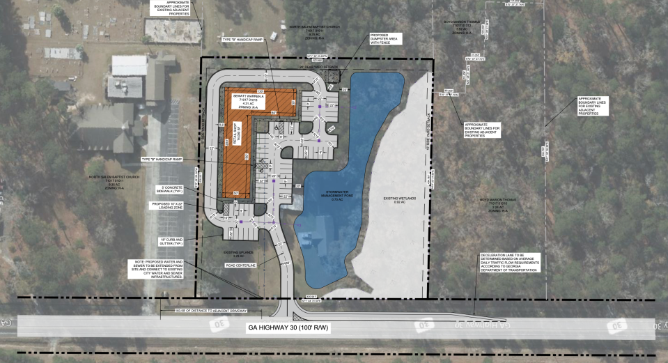 A proposed site plan for the retail space next to North Salem Baptist Church.