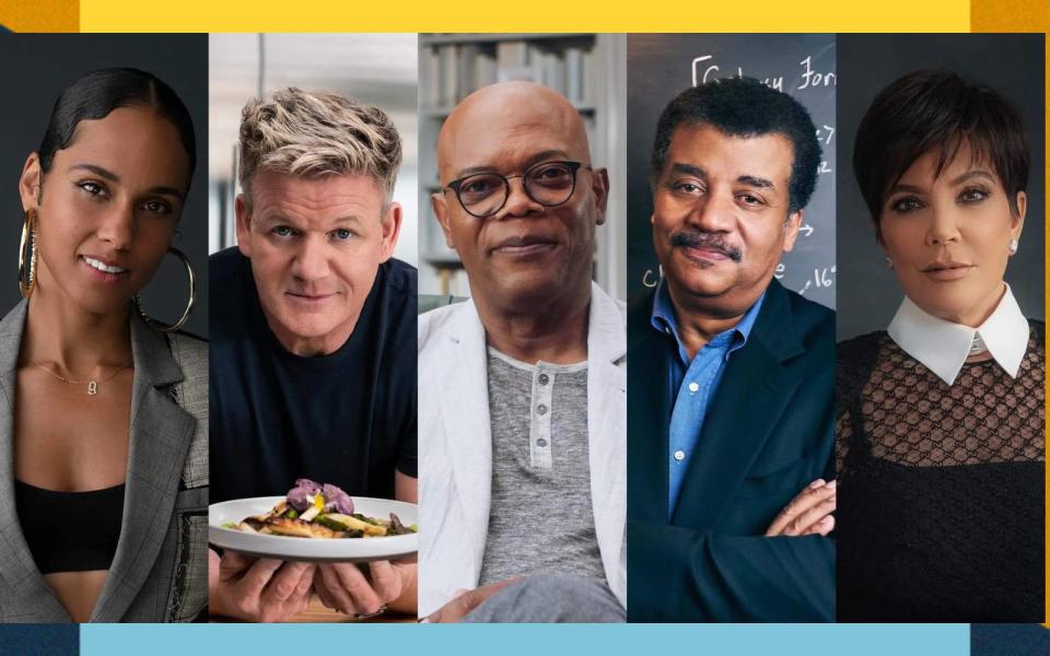 gifts for girlfriend, alicia keys, gordon ramsay, samuel l jackson, neil deGrasse tyson and kris jenner for masterclass on a colorful background