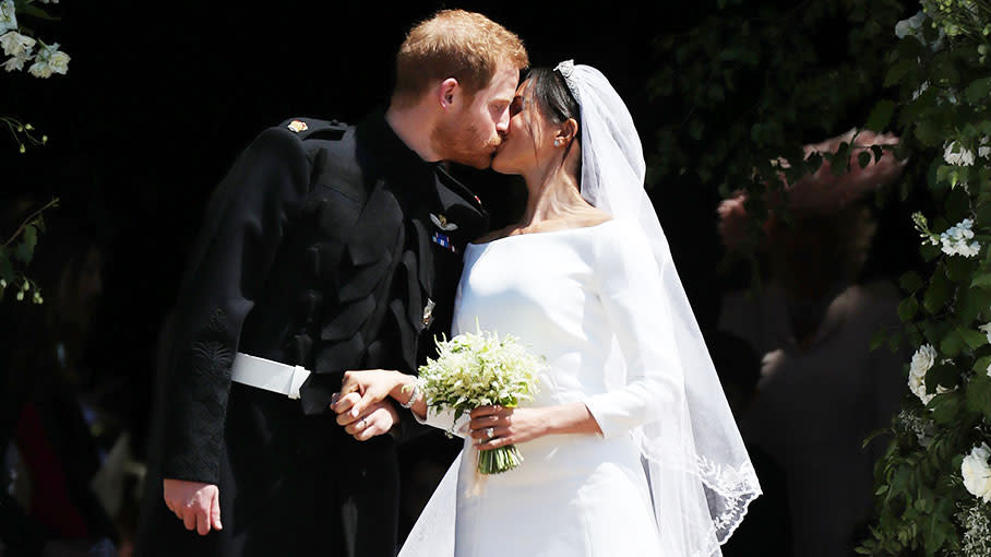 Harry and Meghan share their first kiss as husband and wife. Photo: Getty