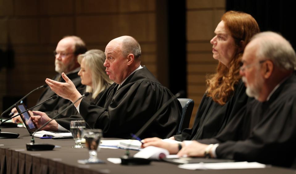 South Dakota Chief Justice Steven Jensen ask questions during a Supreme Court hearing in Brookings on March 23, 2023.