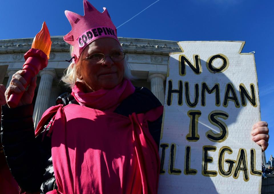 A woman dressed as Lady Liberty displays a sign on the steps of the Lincoln Memorial.