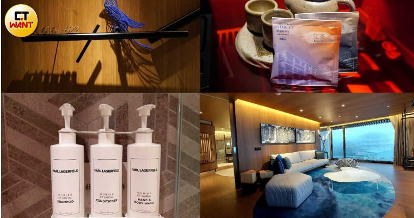 許多地方都融合台灣藍鵲元素，房內也備有藝術家林炎霖的紫灰志野茶具與Karl Lagerfeld沐浴備品，右下為擁有獨立客廳、僅有兩間的單臥室套房。（圖／魏妤靜攝）