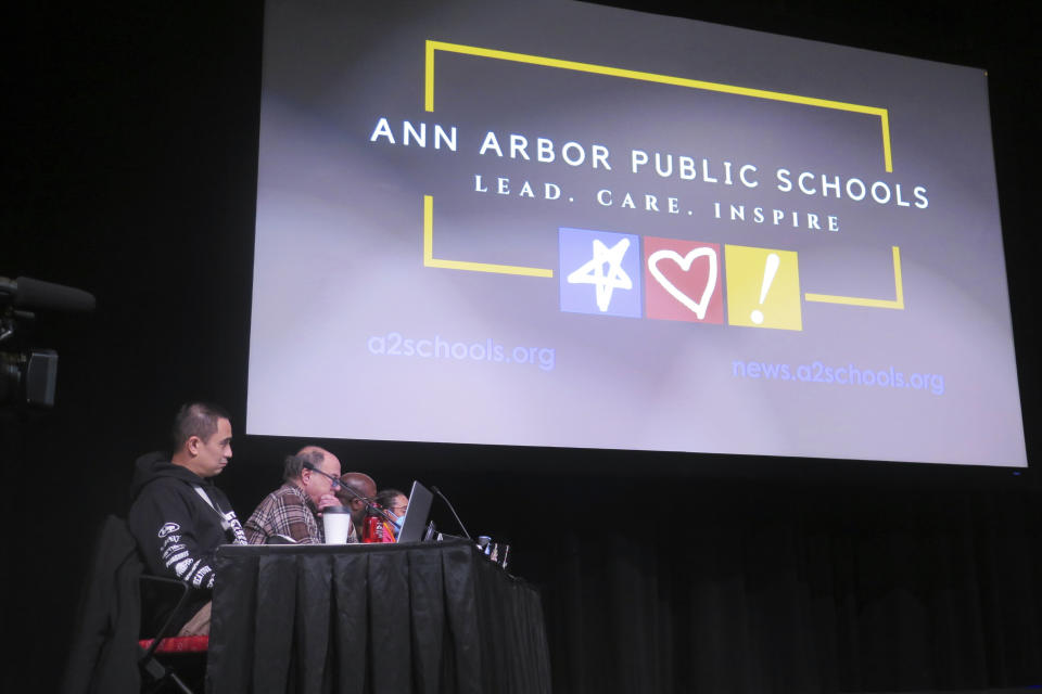 The Ann Arbor Public Schools board discusses a resolution calling for a ceasefire in the Israel-Hamas war at Pioneer High School, Wednesday, Jan. 17, 2024, in Ann Arbor, Mich. (AP Photo/Joey Cappelletti)