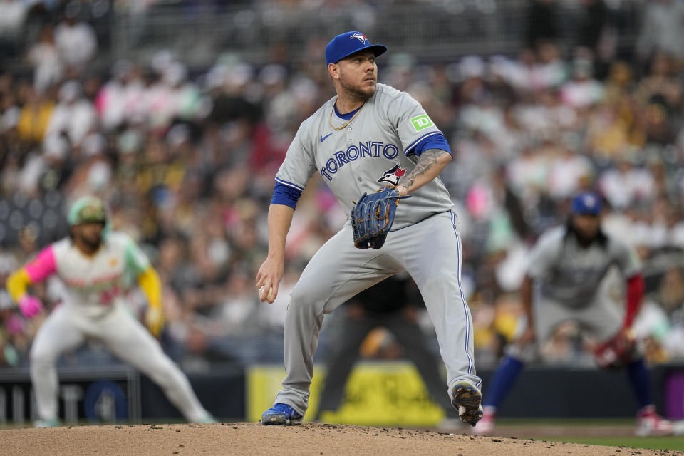 Toronto Blue Jays starting pitcher Yariel Rodriguez works against a San Diego Padres batter during the first inning of a baseball game, Friday, April 19, 2024, in San Diego. (AP Photo/Gregory Bull)