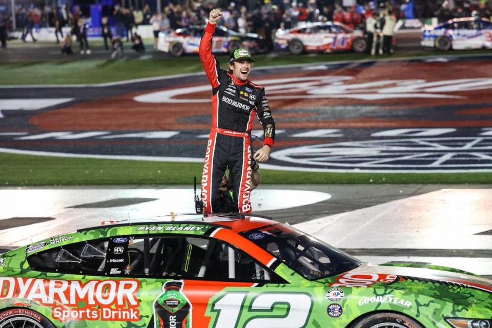 NASCAR Cup Series driver Ryan Blaney celebrates after winning the Coca-Cola 600 on Monday, May 29, 2023 at Charlotte Motor Speedway.