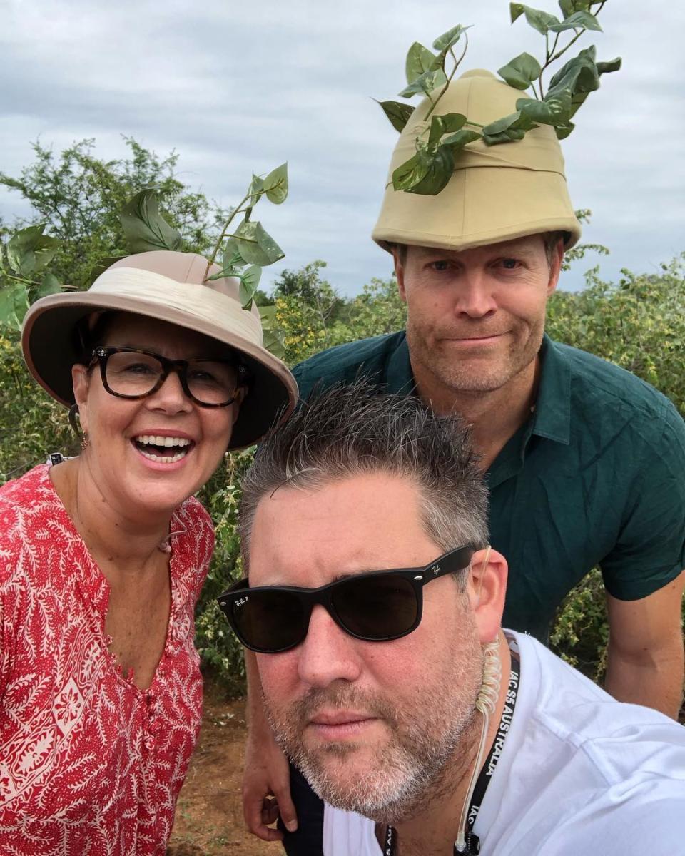 Alex Mavroidakis with I'm A Celeb hosts Julia Morris and Dr Chris Brown