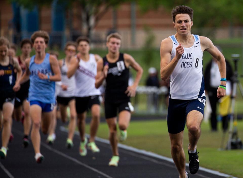 Granville senior Dylan Christian leads the 800 during the Division I regional championships at Pickerington North on Friday, May 27, 2022. Christian ran a time of 1:52.66 to win the event.