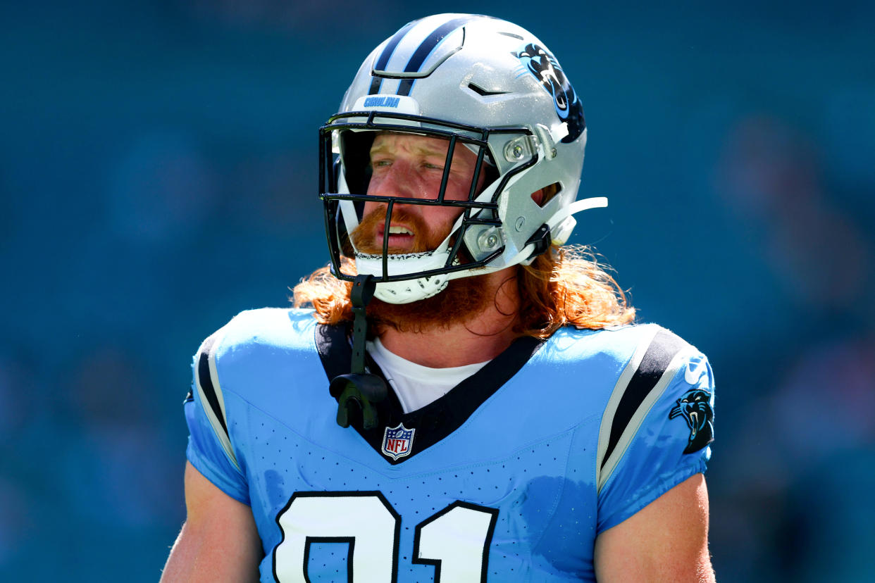 MIAMI GARDENS, FLORIDA - OCTOBER 15: Hayden Hurst #81 of the Carolina Panthers warms up prior to a game against the Miami Dolphins at Hard Rock Stadium on October 15, 2023 in Miami Gardens, Florida. (Photo by Megan Briggs/Getty Images)