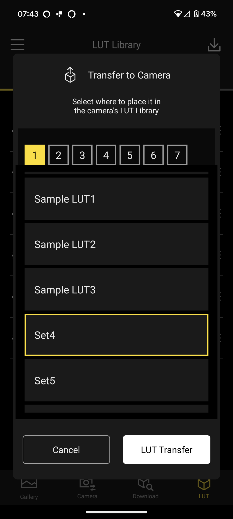 Screenshot of the Lumix Lab app and LUT color profile options