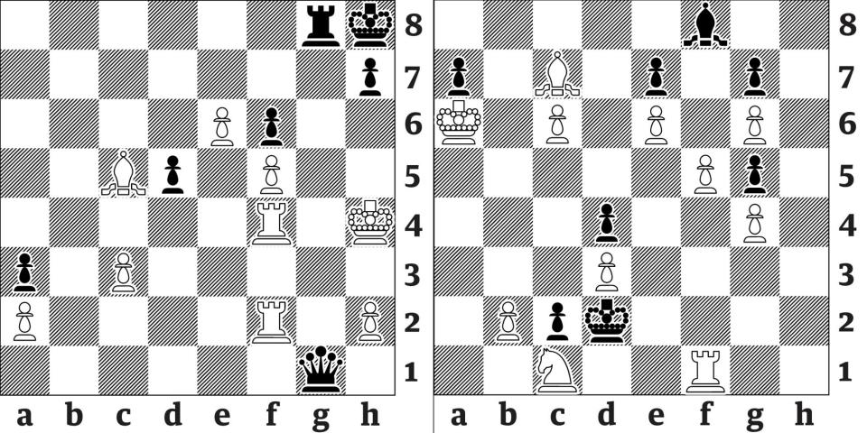 <span><strong>3911 (left):</strong> Jan-Krzysztof Duda v Maksim Chigaev. World Rapid. Samarkand 2023. In the game, Black settled for a draw by 1...Rg2. How, instead, could he have forced mate in six?<br><strong>3911A (right):</strong> White mates in five moves (by Fritz Giegold, Munchner Presse 1929). Virtually a single line of play ...</span><span>Illustration: The Guardian</span>