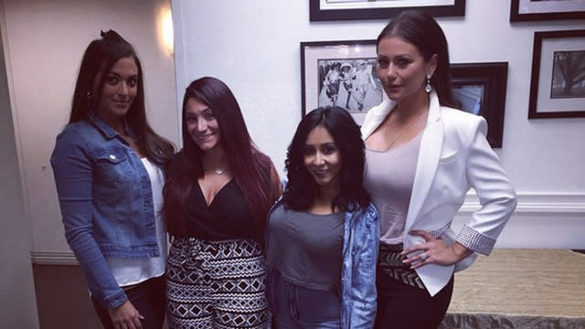 It's the <em>Jersey Shore</em> gals all grown-up! Jenni "JWoww" Farley had a dinner over the weekend to ask her MTV pals to be bridesmaids for her upcoming wedding to fiance Roger Mathews, which had all of the <em>Jersey Shore</em> girls reuniting. Deena Nicole Cortese, Nicole "Snooki" Polizzi, and Sammi "Sweetheart" Giancola were all present to celebrate, and will be bridesmaids on JWoww's big day! "Back with the crew for my girl's wedding celebrations," Snooki Instagrammed. <strong>PHOTOS: Favorite TV and Movie Cast Reunions!</strong> Each girl received a "bridesmaid box," complete with a bedazzled hanger, champagne, Barbie jewelry, and plenty more girly goodies. The 29 year-old <em> Snooki & JWOWW</em> star is set to marry Roger on Oct. 18 in New Jersey. The couple has been together since their <em> Jersey Shore </em>days, and welcomed their daughter, Meilani Alexandra Mathews, last July. Of course, nobody is more excited for the wedding than JWoww's BFF Snooki. "Congrats to my beautiful best friend on her upcoming wedding. Love you forever," the 27-year-old reality star sweetly Instagrammed. But even though the <em>Jersey Shore</em> girls are mamas now and have clearly left their hard-partying ways behind, doesn't mean they've lost their sense of humor. Check out the hilarious penis cake someone brought to the festivities. "Penis cake. She goes 'IS THAT A PENIS?' Boo...you should know what a penis is. @jwoww," Snooki joked. <strong>NEWS: Snooki and JWoww Reveal Why They Don't Want Their Kids on Reality TV</strong> Check out the now super-slim Snooki looking the best she ever has in the video below!