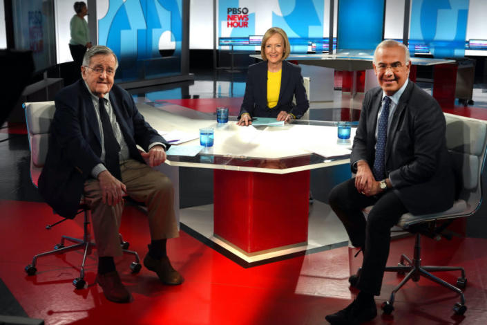 Mark Shields, Judy Woodruff and David Brooks in the studio for “PBS NewsHour” - Credit: Courtesy of PBS NewsHour