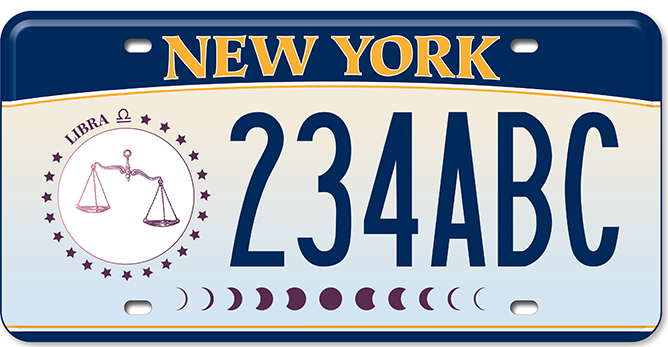 The New York State Department of Motor Vehicles debuted new custom zodiac license plates on Wednesday.  The Libra-specific picture is purple and contains the Libra symbol of a balance.