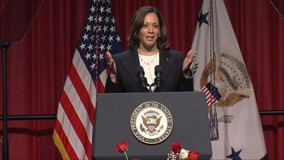 PHOTO: Vice President Kamala Harris speaks at the Delta Sigma Theta Sorority Convention in Indianapolis, July 20, 2023. (WRTV)