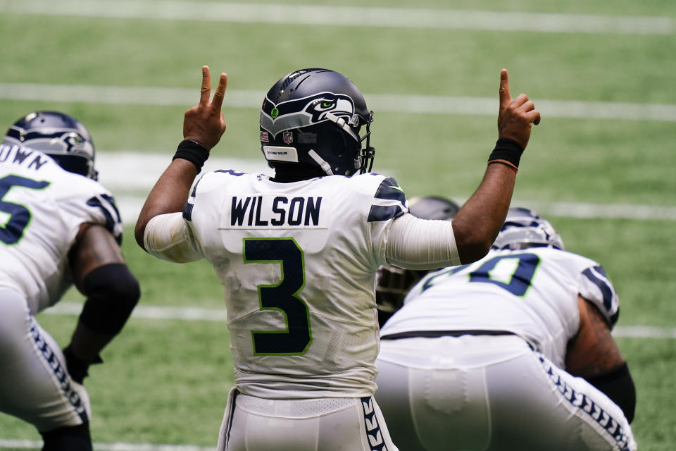 Seattle Seahawks quarterback Russell Wilson (3) calls a play against the Atlanta Falcons during the second half of an NFL football game, Sunday, Sept. 13, 2020, in Atlanta. (AP Photo/Brynn Anderson)