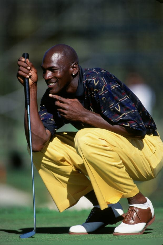 Michael Jordan looks on during the Isuzu Celebrity Golf Tournament on July 7, 1995.<p>Rocky Widner/NBAE via Getty Images</p>