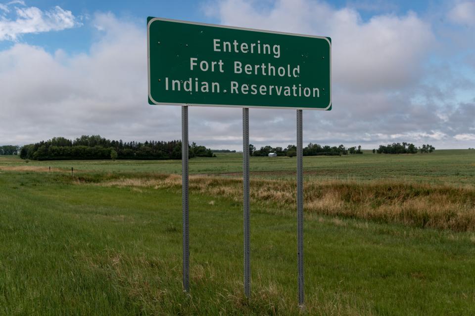 A sign along Highway 1804 marks entry into the Fort Berthold Indian Reservation in North Dakota.