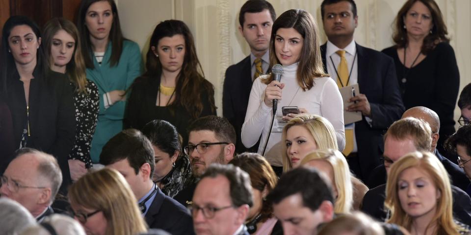 White House reporters ask questions at a press conference by US President Donald Trump and Canada's Prime Minister Justin Trudeau in the East Room of the White House on February 13, 2017