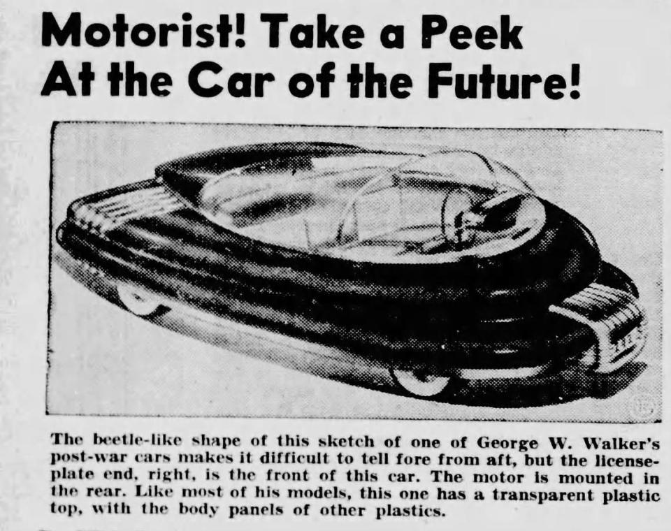 This prototype car of the future was from the pages of the Telegram-Tribune Aug. 3, 1942. From the NEA news service the design was by George W. Walkerl and anticipated the more aerodynamic designs of the future.