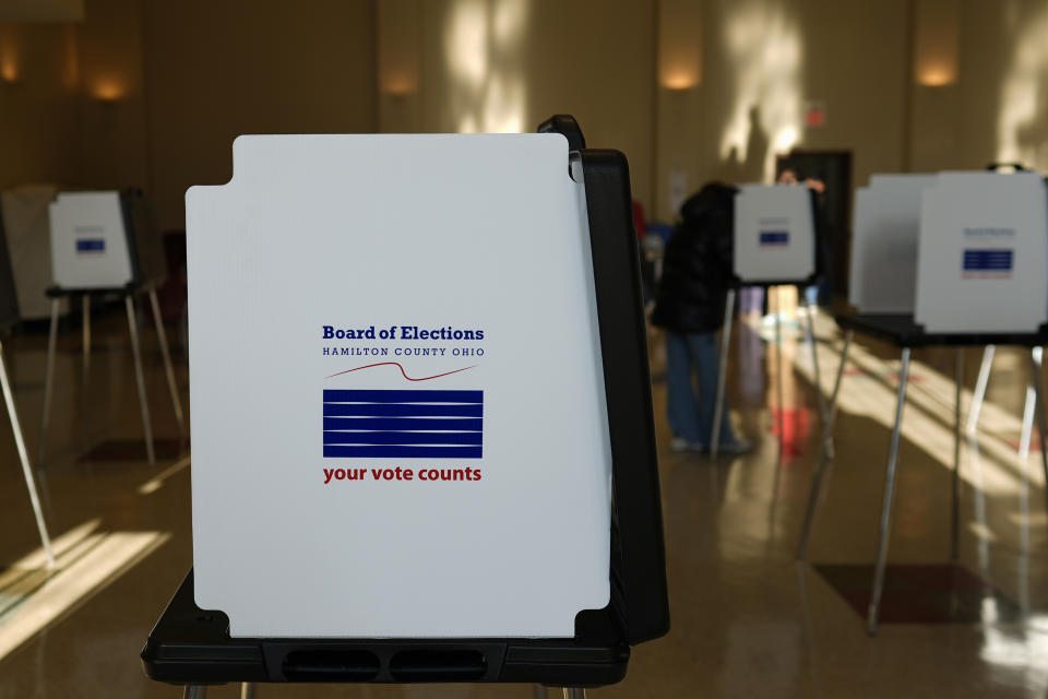 Morning light streams into a polling location on Ohio primary election day in Knox Presbyterian Church in Cincinnati, Ohio, on Tuesday, March 19, 2024. (AP Photo/Carolyn Kaster)