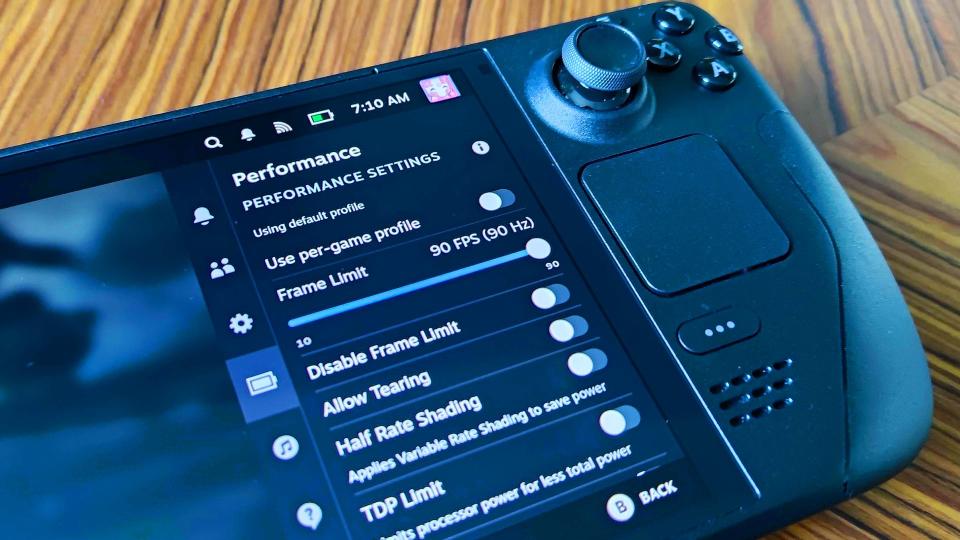 Closeup of SteamOS settings sidebar with performance menu in view