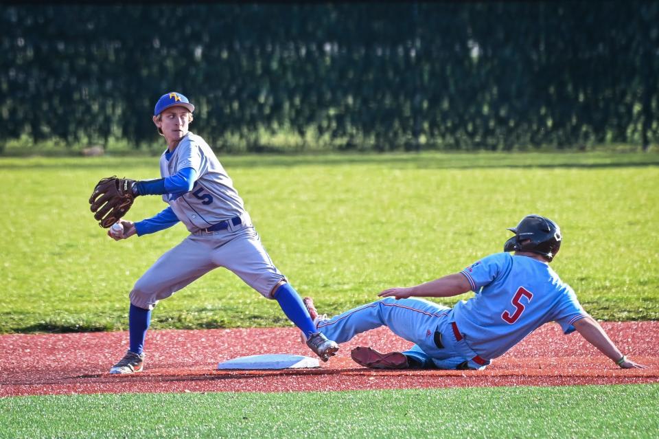 Milwaukee King's Mitchell Pritzlaff prepares to throw to first after getting Arrowhead infielder Jacob Lorbecki out at second base in a game Tuesday, April 9, 2024, at Henry Aaron Field in Glendale, Wisconsin.