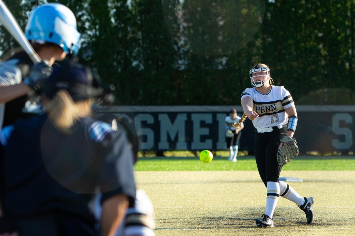 Penn senior Aubrey Zachary (13) pitches during a high school softball game between Saint Joseph and Penn on Monday, May 6, 2024, at Penn High School in Mishawaka. Penn won 8-2.