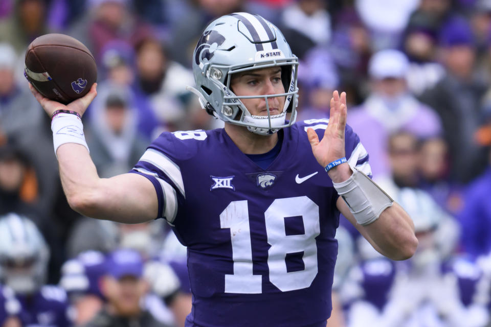 Kansas State quarterback Will Howard throws against Houston during the first half of an NCAA college football game in Manhattan, Kan., Saturday, Oct. 28, 2023. (AP Photo/Reed Hoffmann)