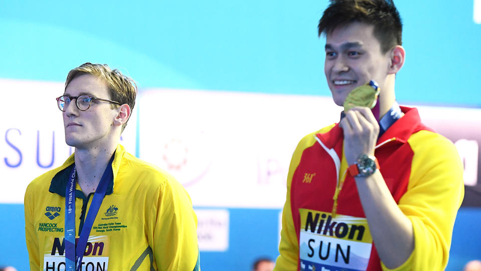 Mack Horton, pictured here refusing to share the podium with Sun Yang at the 2019 FINA World Championships.