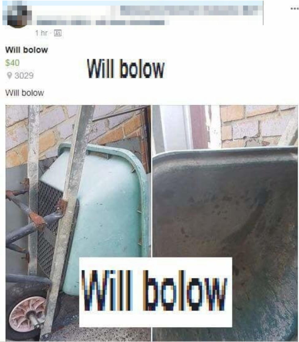 Collage of four images showing a wheelbarrow, with the mistaken text "Will bolow" in a sales post