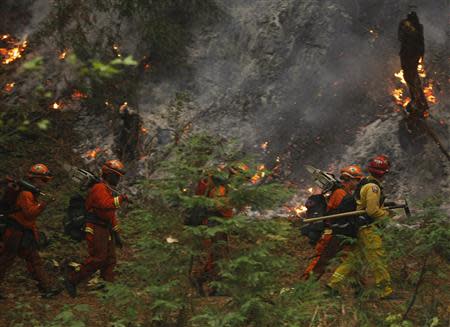 A firefighting crew walks past burning trees in Big Sur, California, December 16, 2013. REUTERS/Michael Fiala