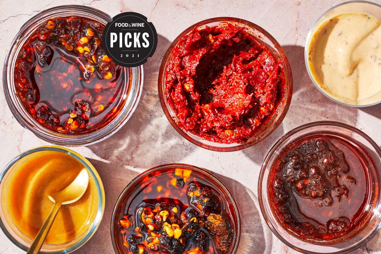 overhead shot of open jars of spicy condiments