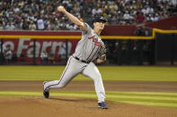 Atlanta Braves staring pitcher Michael Soroka throws against the Arizona Diamondbacks during the first inning of a baseball game Sunday, June 4, 2023, in Phoenix. (AP Photo/Darryl Webb)