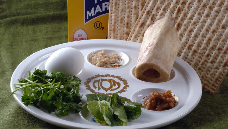 The Passover Seder plate, as shown in this March 8th, 2007 photo, is a special plate containing symbolic foods used by Jews during the Passover Seder. The items include (from top center): horseradish; a shank bone; a mixture of fruit, wine and nuts called haroset; lettuce, parsley and an egg.