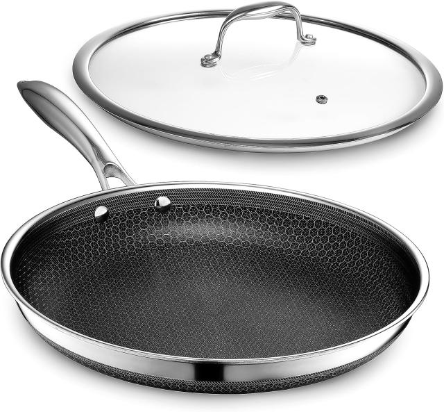 HexClad 12 Inch Hybrid Stainless Steel Frying Pan and Glass