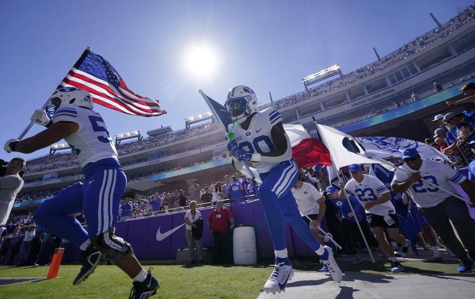 BYU runs onto the field before an NCAA college football game against TCU, Saturday, Oct. 14, 2023, in Fort Worth, Texas. | LM Otero, Associated Press