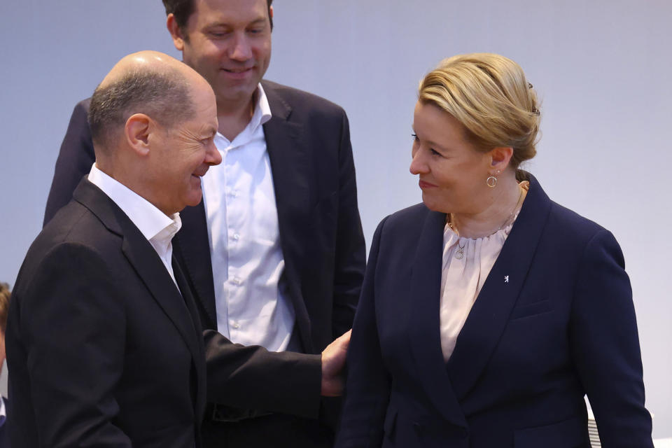 Franziska Giffey, right, Mayor of Berlin and top candidate of the Social Democratic Party (SPD) for the Berlin state elections reacts with German Chancellor Olaf Scholz, left, and SPD co-leader Lars Klingbeil, rear, at the party's headquarters in Berlin, Germany, Feb. 13, 2023. Germany’s conservative Christian Democrats on Monday celebrated their victory in a Berlin state election re-run made necessary by serious voting glitches in 2021. The party said the result shows it can appeal to voters in urban areas with center-right policies that include tough talk on immigration(Fabrizio Bensch/Pool Photo via AP)