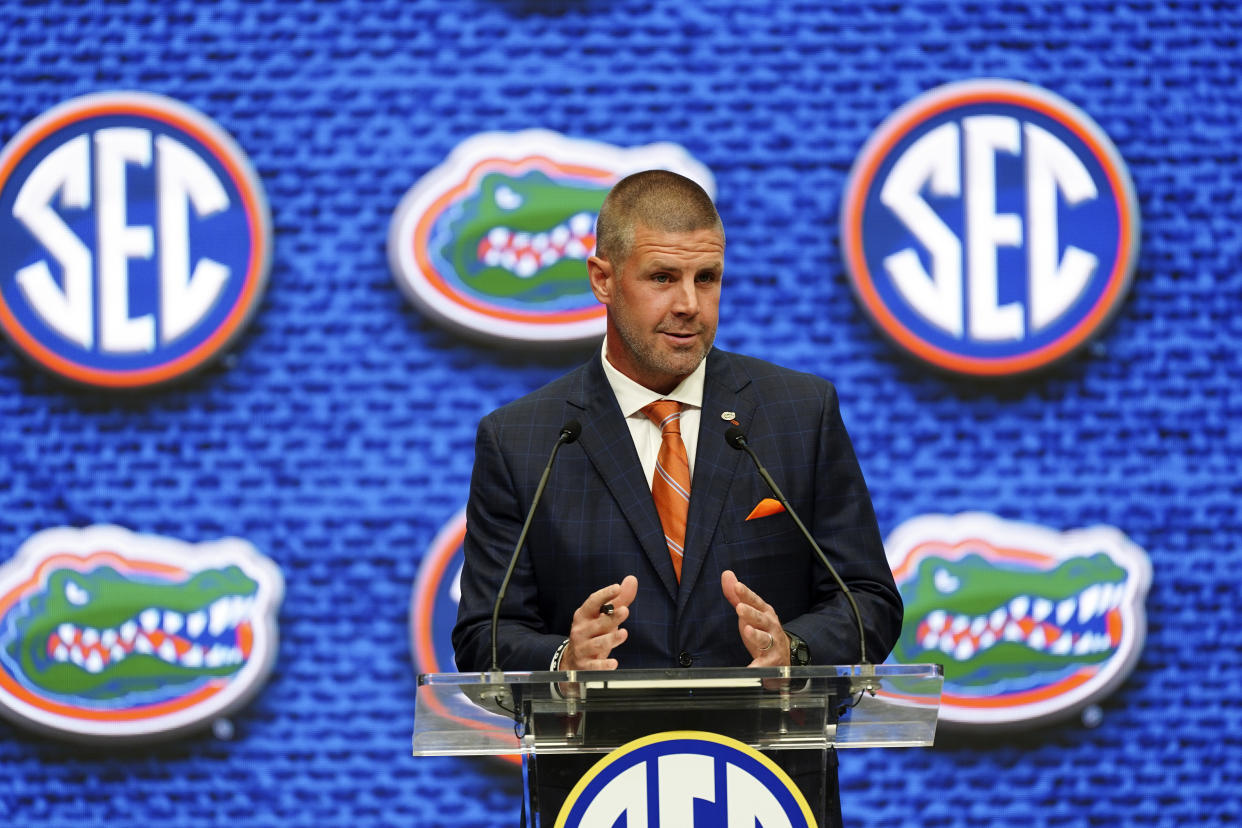 Florida head coach Billy Napier speaks during an NCAA college football news conference at the Southeastern Conference Media Days, Wednesday, July 20, 2022, in Atlanta. (AP Photo/John Bazemore)