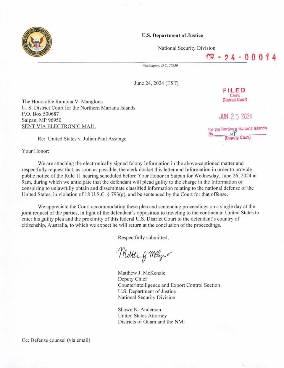 A filing from the US Department of Justice to the US District Court for the Northern Mariana Islands describes a plea deal regarding Julian Assange