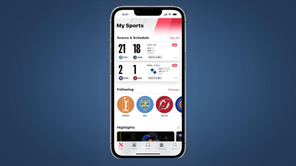 The current My Sports interface on Apple News