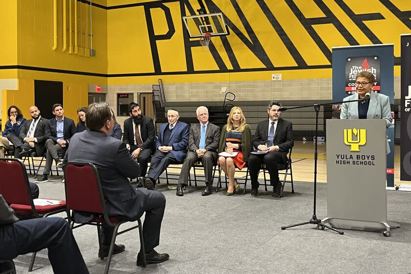 Los Angeles Mayor Karen Bass speaks at a town hall on antisemitic violence at Yula Boys High School on Monday, Feb. 20, 2023.