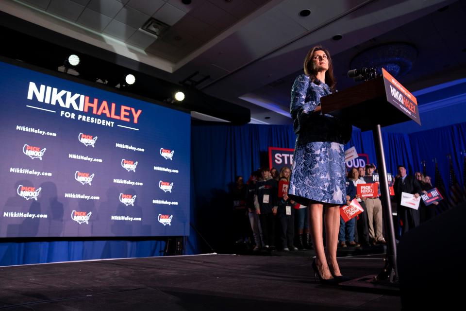 Republican presidential candidate Nikki Haley speaks at her New Hampshire presidential primary watch party at the Grappone Conference Center in Concord, NH, on Tuesday, January 23, 2024. Haley was unable to secure enough votes to take the stateÕs delegates from former President Donald J. Trump.