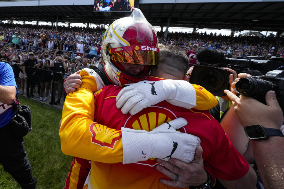 Josef Newgarden celebrates after winning the Indianapolis 500 auto race at Indianapolis Motor Speedway in Indianapolis, Sunday, May 28, 2023. (AP Photo/AJ Mast)