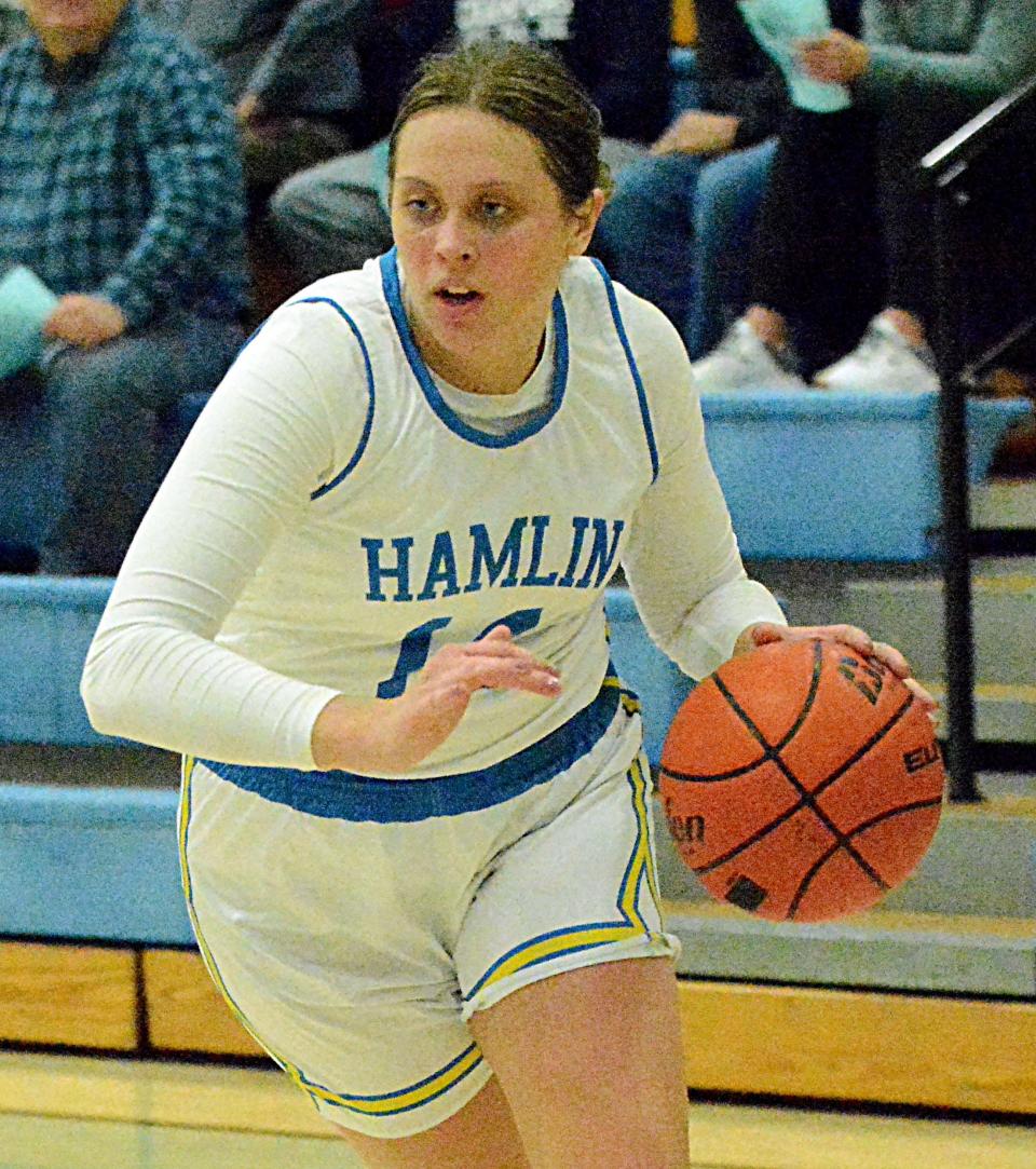 Hamlin's Ally Abraham heads to the hoop during a Lake Central Conference high school basketball doubleheader on Tuesday, Jan. 17, 2023 at the Hamlin Education Center.